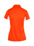 A women's polo shirt in vibrant orange with white side panels and a collar, featuring a logo.