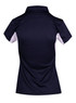 A women's polyester polo shirt in navy with contrasting white panels, featuring a collar and short sleeves. A women's polyester polo shirt in navy with contrasting white panels, featuring a collar and short sleeves.