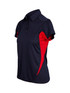 A women's polyester polo shirt featuring navy blue and red colours, with a logo on the chest.