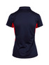 A women's polyester polo shirt in navy and red, featuring a logo. The back view showcases a sleek design.