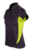 A women's polo shirt in black with fluorescent yellow side panels and a classic collar. It features a logo on the front. A women's polo shirt in black with fluorescent yellow side panels and a classic collar. It features a logo on the front.