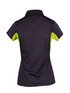 A women's polo shirt in navy with bright green accents, featuring a logo on the back. A women's polo shirt in navy with bright green accents, featuring a logo on the back.