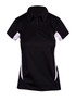 A black polyester polo shirt with white side panels and a collar, featuring a logo.