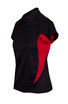 A black and red women's polo shirt with a collar and short sleeves, featuring a logo. A black and red women's polo shirt with a collar and short sleeves, featuring a logo.