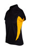 A black and yellow women's polyester polo shirt with short sleeves and a collar, featuring a logo.