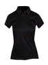 A black women's polyester polo shirt featuring a collar, short sleeves, and a logo on the chest.