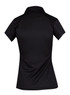 A black women's polo shirt featuring a collared neckline and short sleeves, with a logo on the back.
