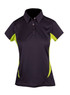 A women's polyester polo shirt in black with lime green accents and a buttoned collar. It features a logo.