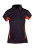 A women's polo shirt in black with orange accents, featuring a collar and short sleeves. It has a logo.