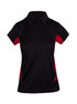 A black polyester polo shirt with red side panels and a collar, featuring buttons and a logo.