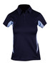 A women's polyester polo shirt in navy with light blue accents and a branded logo.