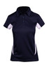 A navy blue women's polyester polo shirt featuring white accents and a collar, with a logo on the chest.