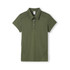 A green women's polo shirt with short sleeves, a collar, and a branded label. A green women's polo shirt with short sleeves, a collar, and a branded label.