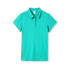 A turquoise women's polo shirt featuring a collar, buttons, and a logo.