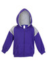A purple kids' hoodie with grey contrast panels and a front zipper. Features a hood and front pockets.