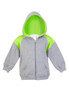 Kids' hoodie with a grey body and bright green contrast panels, featuring a zipper and a hood. Kids' hoodie with a grey body and bright green contrast panels, featuring a zipper and a hood.