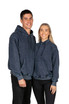 A men's stone wash fleece hoodie in navy blue worn by two models, featuring a front pocket and a logo.