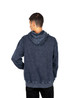 A men's stone wash fleece hoodie in a dark blue hue, featuring a hood and a relaxed fit, with a logo on the front.