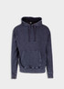 A men's stone wash fleece hoodie in dark navy, featuring a front pocket and a logo on the design.