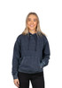 A navy stone wash fleece hoodie with a front pocket and drawstring hood, modelled by a smiling woman.