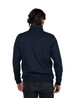 A navy blue men's half zip fleece jumper featuring a high collar and long sleeves, with a branded logo.