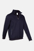 A navy half zip fleece jumper with a side pocket and logo, featuring long sleeves and a comfortable fit.