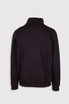 A black half zip fleece jumper with a high collar and elasticated cuffs, featuring a logo.