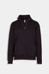 A black men's half zip fleece jumper with a zippered neck and side pockets, featuring a logo.