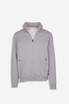 A men's half zip fleece jumper in grey, featuring a collar and side zip pockets, with a logo present.