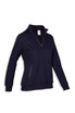 A navy half-zip fleece jumper for women, featuring a collar and side pockets, with a logo on the label.