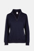 A navy blue women's half zip fleece jumper with zippered pockets and a collar. It features a logo.