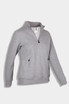 A grey women's polar fleece jumper featuring a half zip and side pockets, with branded logo.