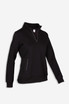 A women's half zip fleece jumper in black, designed with long sleeves and side pockets, featuring a logo.