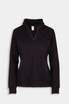 A women's half zip fleece jumper in black, featuring side zip pockets and a collar. It has a branding label.