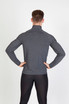 A grey half zip mock neck jumper with long sleeves, featuring a fitted design and a logo on the back.