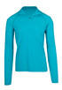 A turquoise half zip mock neck jumper with long sleeves, featuring a logo on the chest.