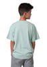 A mint green kid's regular T-shirt viewed from the back, featuring short sleeves and a relaxed fit. A mint green kid's regular T-shirt viewed from the back, featuring short sleeves and a relaxed fit.