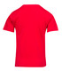 A red kid's regular T-shirt with short sleeves and a plain back. There's a logo on the back.