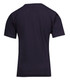A back view of a navy blue kid's regular T-shirt with short sleeves and a plain design, featuring a logo.