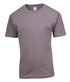 A grey kid's regular T-shirt with short sleeves and a round neckline. It features a logo on the label. A grey kid's regular T-shirt with short sleeves and a round neckline. It features a logo on the label.