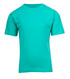 A green kid's regular T-shirt with short sleeves. The shirt has a simple design and includes a logo.