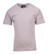 A grey kid's regular T-shirt with short sleeves and a logo on the neckline.