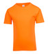 An orange kid's regular T-shirt with a simple design and crew neckline. It features a tag inside.