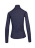 A navy women's half zip mock neck shirt featuring long sleeves and a fitted design, with a branding logo on it. A navy women's half zip mock neck shirt featuring long sleeves and a fitted design, with a branding logo on it.