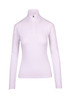 A white half zip mock neck shirt for women featuring long sleeves and a fitted design. Includes a logo. A white half zip mock neck shirt for women featuring long sleeves and a fitted design. Includes a logo.