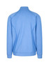 A blue heather jacket with long sleeves and a high collar, featuring a logo on the back. A blue heather jacket with long sleeves and a high collar, featuring a logo on the back.