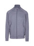 A grey heather jacket featuring a zip closure and side pockets. It has a logo on the front.
