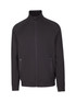 A black zip-up jacket with two front pockets and a high collar, featuring a logo on the chest. A black zip-up jacket with two front pockets and a high collar, featuring a logo on the chest.