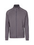 A grey heather zip-up jacket featuring a collar and a logo. Suitable for various casual occasions.