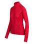 A red women's jacket with a zip front and long sleeves, featuring a fitted design and pockets. A red women's jacket with a zip front and long sleeves, featuring a fitted design and pockets.